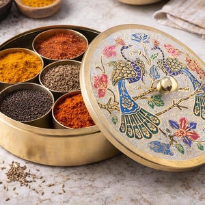 May include: A gold-colored spice box with a decorative lid featuring two peacocks and floral designs. The box contains several compartments filled with various spices, including turmeric, cumin, and chili powder.