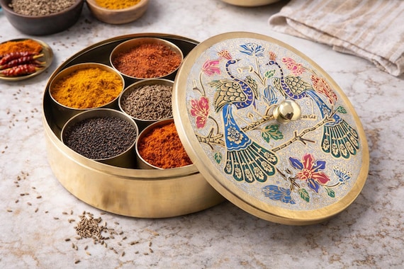 Handcrafted Brass Masala Box with Hand-Painted Peacock Lid | Indian Spice Box | Traditional Kitchen Storage | Housewarming Gift