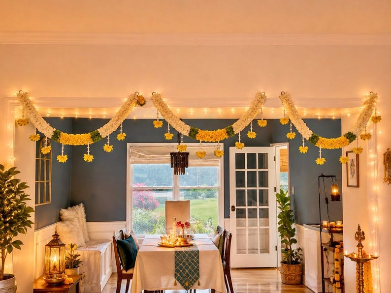 May include: A dining room decorated with floral garlands and string lights. The garlands are white and yellow, with green accents. The room has a table set for a meal, with a window in the background.