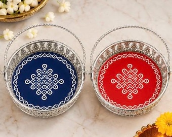 5-calowy kosz Kolam | Indyjskie dekoracje Rangoli Kolam | Srebrny kosz Pooja | Prezent na Diwali | Indyjski upominek ślubny | Luzem świąteczny prezent