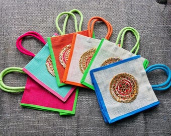 Handmade 8x8 Gota Jute Gift Bags | Indian Return Gift Bags | Wedding Favor Bags | Festive Jute Bags | Mehndi Haldi Gift Bags | Eco-Friendly