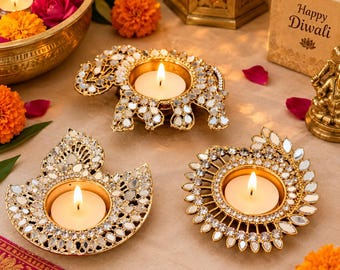 Mirror Diya for Diwali Decor | Elephant Paisley & Diya Tealight Holder | Indian Pooja Decor | Decorative Indian Diya | Wedding Return Gift