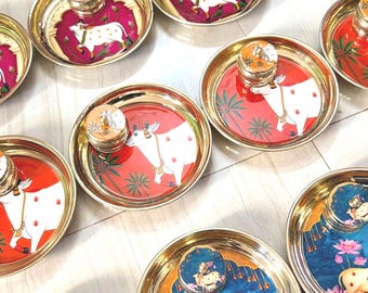 Brass Pichwai Plate with Kumkum Box – Indian Cow Lotus Art (6-inch)