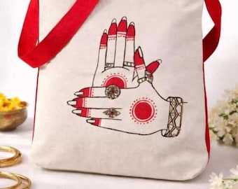 Hand Painted Bharatanatyam Mudra Tote Bag | Indian Classical Dance Canvas Tote