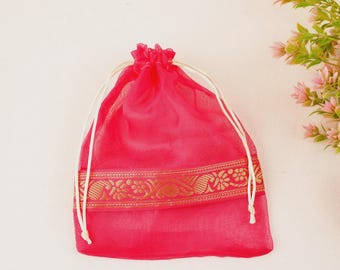 Indian Tissue Potli Bags with Zari Border, Sheer Drawstring Favor Pouches (9.5x7.5 inches)