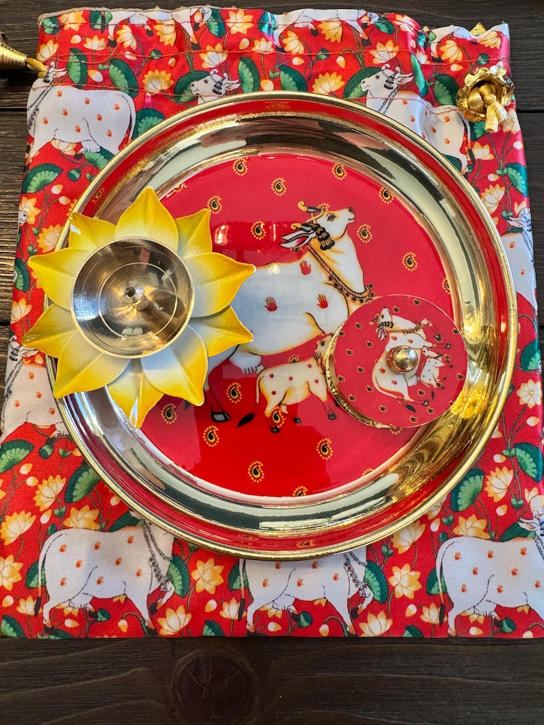 6 Inch Brass Pichwai Pooja Thali Set with Diya, Dibbi, Potli Bag (Festive Gifting) image 6