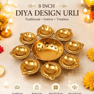 May include: An 8 inch gold-colored metal urli bowl featuring a central basin surrounded by seven attached diya lamp holders. The text 8 INCH DIYA DESIGN URLI is visible above the bowl, with additional text below the bowl and icons.