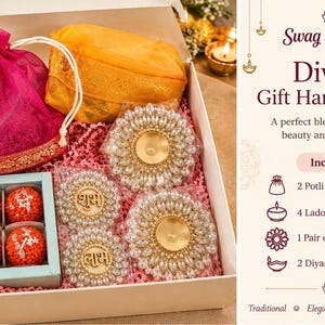 May include: A Diwali gift hamper box containing a pink drawstring bag, a yellow fabric pouch, four orange round candles in a light blue tray, and four circular decorative items with white pearls and gold centers, two featuring Hindi text.