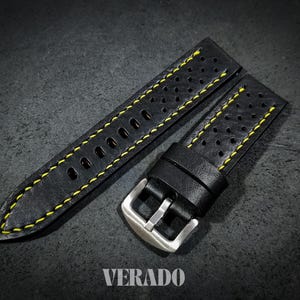 Leather Watch Strap, Black leather watch strap, Racing leather watch strap, Handcrafted from Vegetable-Tanned Cowhide