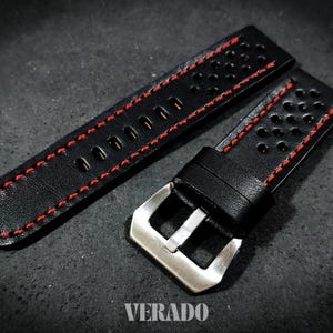 Leather Watch Strap, Black leather watch strap, Racing Watch Band, Handcrafted from Vegetable-Tanned Cowhide