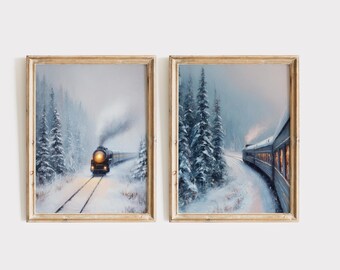 Christmas Train Art, Vintage Holiday Decor, Cozy Winter Print (Digital Download)