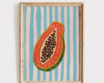 Papaya Art Print, Colorful Kitchen Decor, Tropical Fruit Poster (Digital Download)