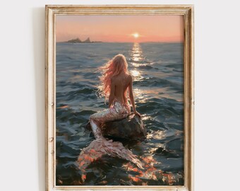 Mermaid Wall Art, Sunset Coastal Print, Romantic Pink Beach House Decor (Digital Download)