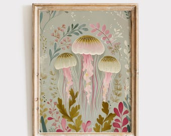 Jellyfish Digital Print, Marine Life Poster, Coastal Artwork
