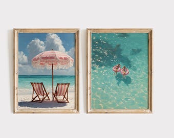 Pink Coastal Decor, Beach Wall Art, Vintage Summer Prints (Digital Download)