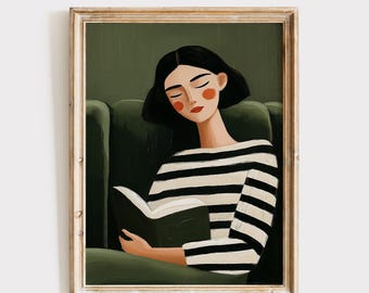 Woman Reading Art, Green Wall Decor, Abstract Art Print (Digital Download)