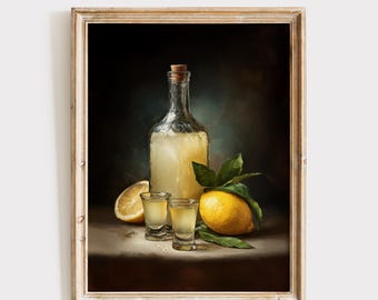 Limoncello Poster, Vintage Kitchen Art, Moody Still Life Painting (Digital Download)