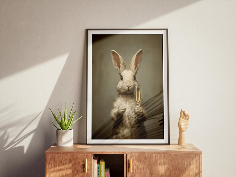 May include: Framed art print featuring a rabbit holding a champagne glass. The rabbit has light brown fur and is set against a muted background. The print is in a black frame and is displayed on a wooden cabinet.