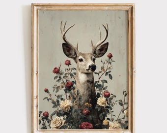 Camo Deer Valentine Print, Vintage Cottagecore Decor, Romantic Wall Art