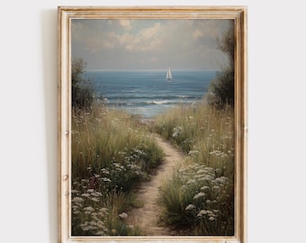 Coastal Wall Art, Vintage Summer Decor, Wildflower Landscape Print (Digital Download)
