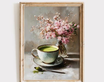Matcha Wall Art, Pink Flower Print, Kitchen Decor