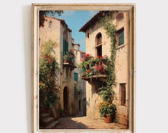 Vintage City Print, Travel Wall Decor, Floral Balcony Art (Digital Download)