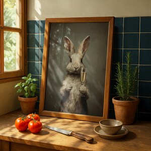 May include: A framed print featuring a rabbit holding a champagne flute. The artwork is in a wooden frame and set against a muted background. The image is on a wooden countertop with tomatoes, a knife, and a small bowl.