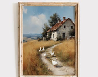 White Geese Print, Cottagecore Decor, Vintage Oil Painting (Digital Download)
