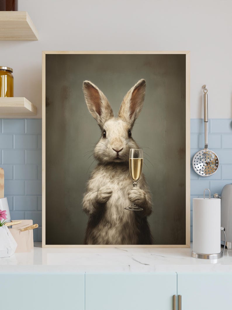May include: A framed print featuring a rabbit holding a champagne flute. The rabbit has light brown fur and long ears. The champagne glass is filled with a golden liquid. The background is a muted green.