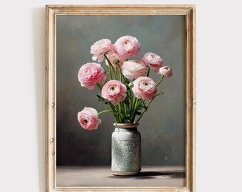 Pink Ranunculus Art, Floral Wall Print, Chic Home Decor