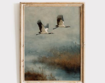 Flying Crane Print, Moody Wall Art, Bird Painting Printable (Digital Download)