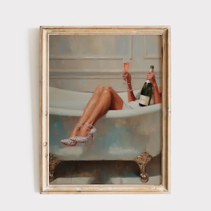 May include: An oil painting in a gold frame depicts a person relaxing in a clawfoot bathtub with a champagne bottle and a glass of champagne. The person wears sparkling high heels. The artwork has a vintage, luxurious theme.