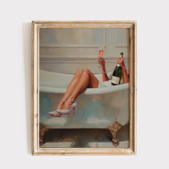 Bathroom Print, Champagne Wall Art, Bathtub Illustration