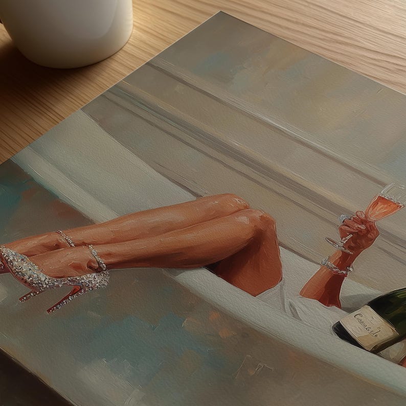 May include: An oil painting depicts a person relaxing in a bathtub, holding a glass of champagne. The person's legs are visible, adorned with sparkling high heels. A bottle of champagne is also present, suggesting a luxurious and relaxing scene.