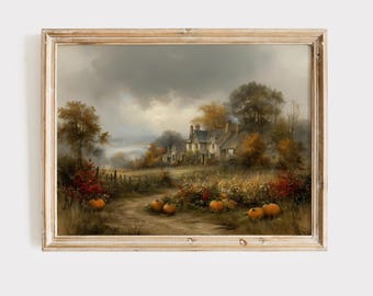 Vintage Pumpkin Patch Wall Art, Cottagecore Fall Farmhouse Print, Landscape Painting (Digital Download)