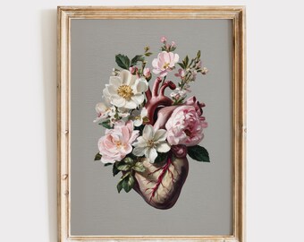 Anatomical Heart Art, Floral Anatomy Print, Doctors Office Decor