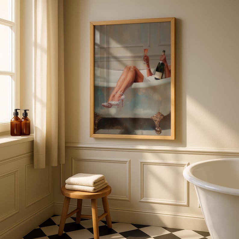 Bathroom Print, Champagne Wall Art, Bathtub Illustration image 6