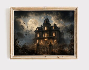Haunted House Print, Halloween Wall Art, Dark Academia Decor (Digital Download)