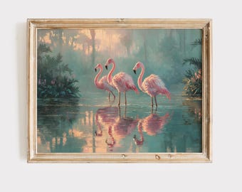 Flamingo Decor, Tropical Wall Art, Landscape Painting (Digital Download)