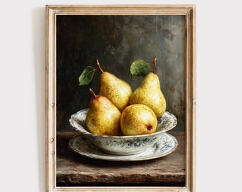 Vintage Fruit Print, Pears Oil Painting, Farmhouse Wall Art, Kitchen Decor (Digital Download)