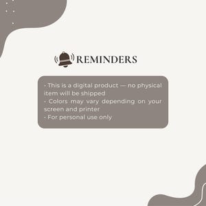 May include: A digital product graphic with the word "REMINDERS" above a bell icon. A gray rectangular box contains text stating it is a digital product, colors may vary, and for personal use only.