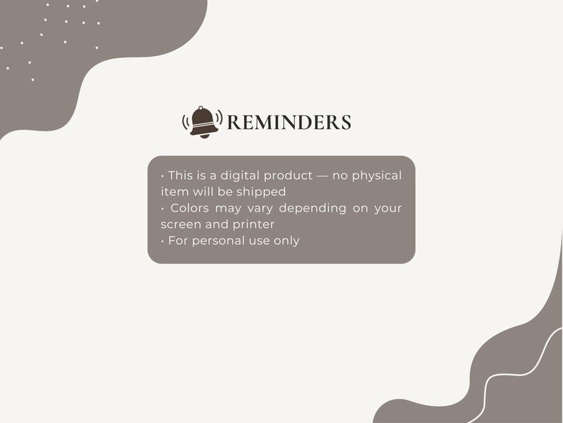 May include: A digital product graphic with the word "REMINDERS" above a bell icon. A gray rectangular box contains text stating it is a digital product, colors may vary, and for personal use only.