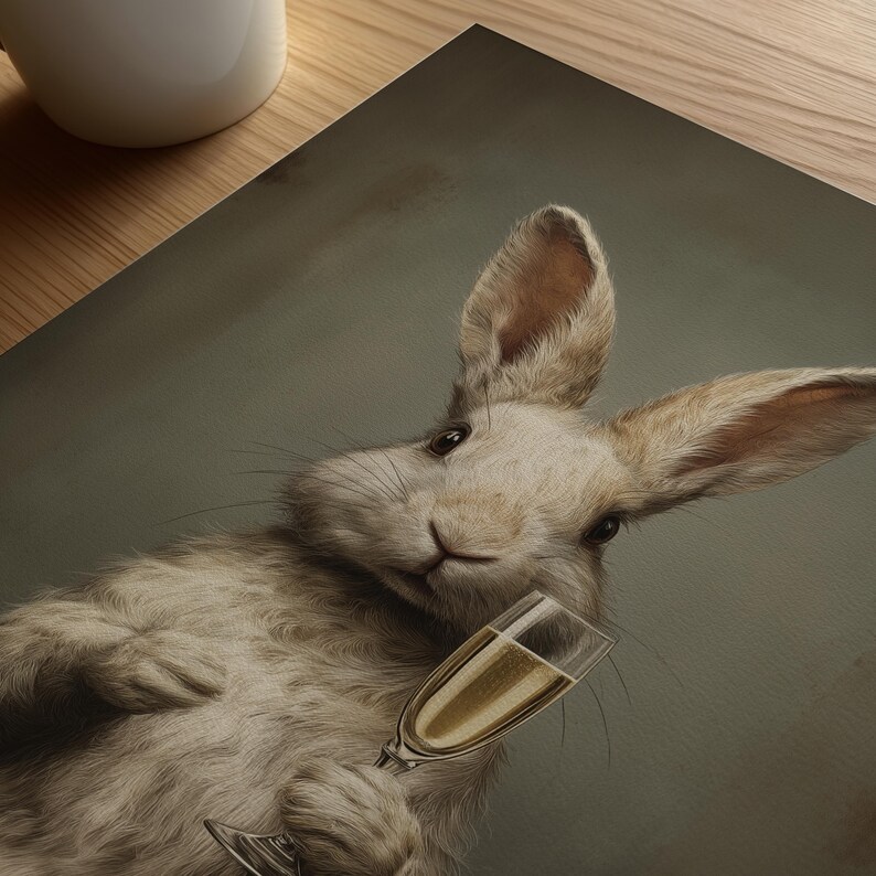 May include: A whimsical illustration of a white rabbit holding a champagne flute filled with a golden liquid. The rabbit has long ears and is set against a muted green background. A white mug is visible in the upper left corner.