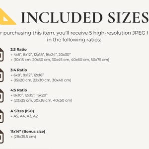 May include: Cream-colored graphic with the text "INCLUDED SIZES" and details on image ratios. Includes 2:3, 3:4, 4:5, A Sizes (ISO), and 11x14" ratios. Measurements are in inches and centimeters.