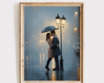 Couple Kissing Art, St Valentines Print, Rainy Day Romance