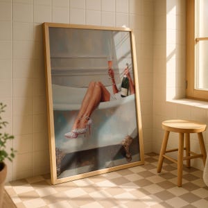Bathroom Print, Champagne Wall Art, Bathtub Illustration image 3