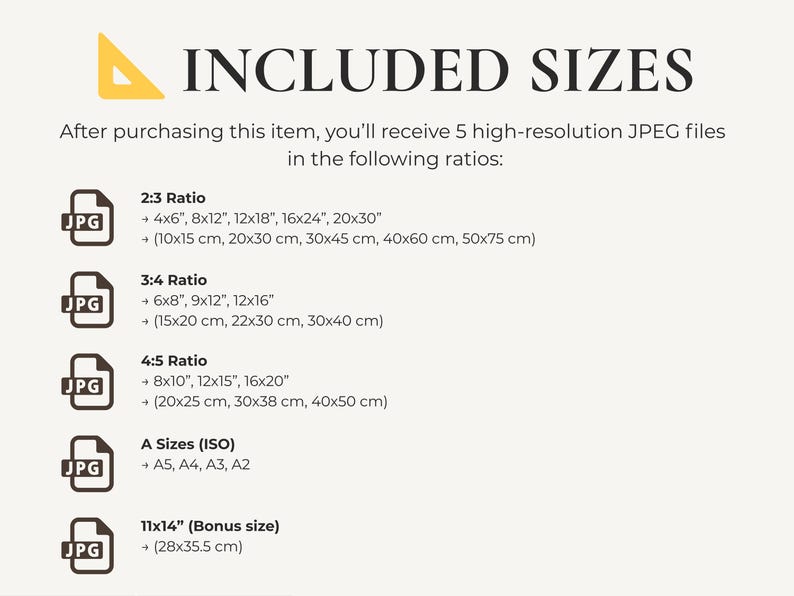 May include: Cream-colored graphic with the text "INCLUDED SIZES" and a yellow triangle. It lists 5 high-resolution JPEG file sizes: 4x6", 8x12", 12x18", 16x24", 20x30", 6x8", 9x12", 12x16", 8x10", 12x15", 16x20", A5, A4, A3, A2, and 11x14".