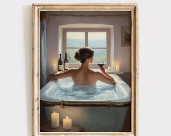 Bath Time Art, Wine Lover Print, Self Care Decor