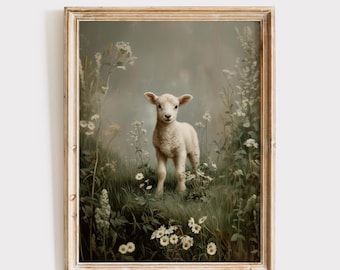 Vintage Lamb Painting, Easter Wall Art, Pastoral Print (Digital Download)