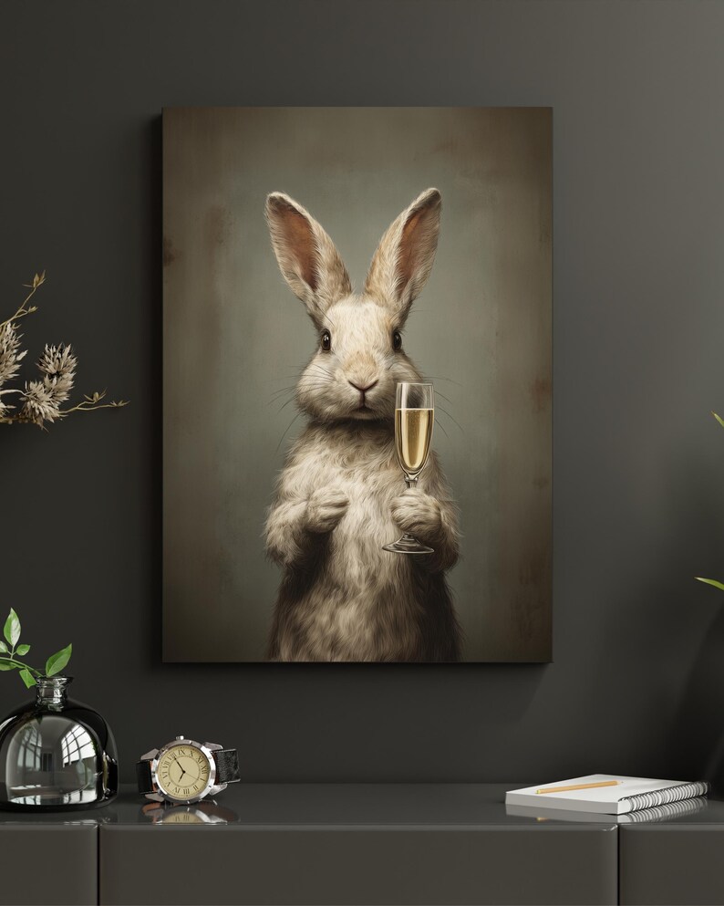 May include: A canvas print features a white rabbit holding a champagne flute. The rabbit has long ears and a fluffy coat. The background is a muted green, creating a vintage aesthetic. The rabbit is the focal point of the artwork.